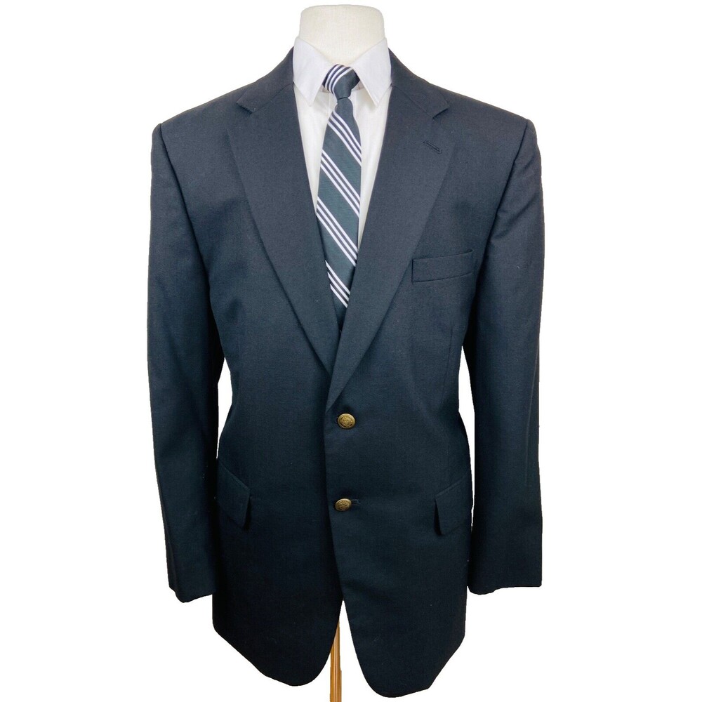 GIANELLI Mens 44R Solid Black Wool Metal Button Blazer Sport Coat Suit Jacket